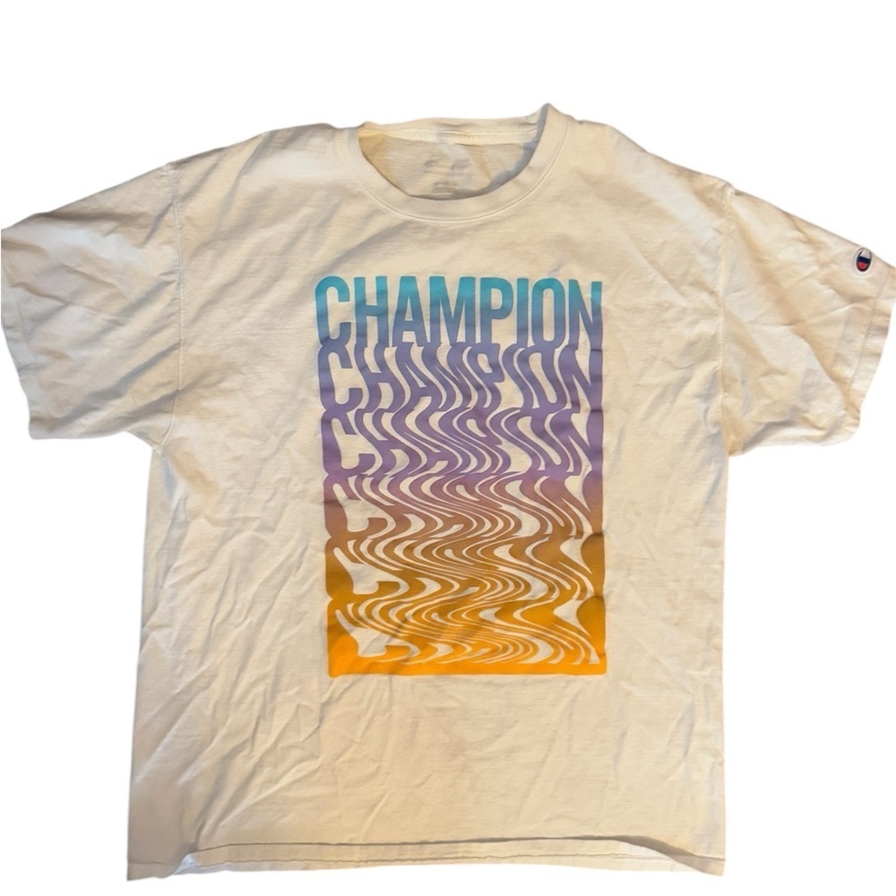 Champion White Tee with Blue, Purple, and Orange Design